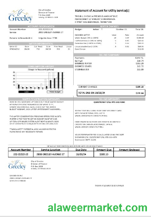 USA Colorado City of Greeley water business utility bill template in Word and PDF formats